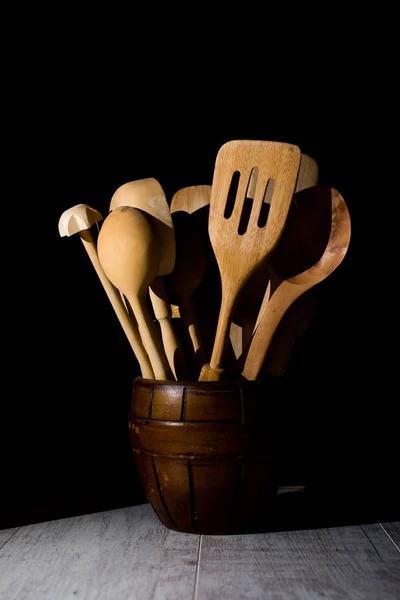 Wooden Kitchen Utensil. Dark Moody — Stock Photo, Image