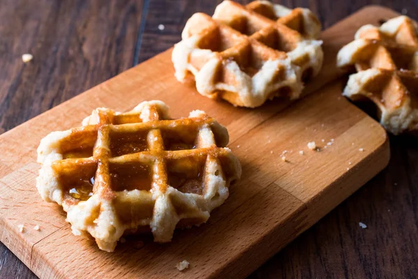 Belgium Waffle Maple Syrup Wooden Surface — Stock Photo, Image