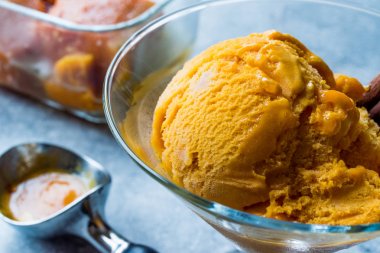 Kabak pasta dondurma Gelato tarçın çubuğu ile.