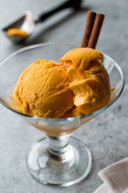 Kabak pasta dondurma Gelato tarçın çubuğu ile.