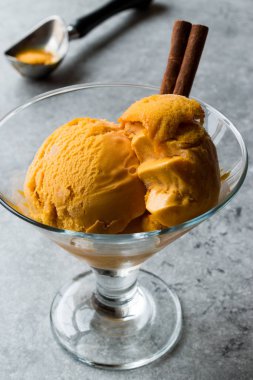 Kabak pasta dondurma Gelato tarçın çubuğu ile.