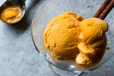 Kabak pasta dondurma Gelato tarçın çubuğu ile.