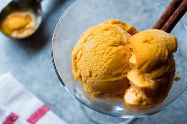 Kabak pasta dondurma Gelato tarçın çubuğu ile.