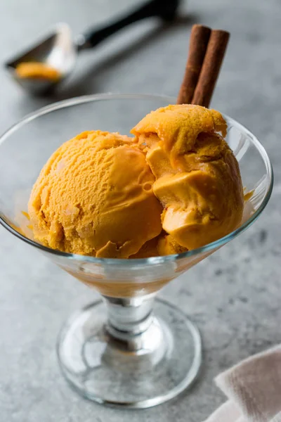 Kabak pasta dondurma Gelato tarçın çubuğu ile.