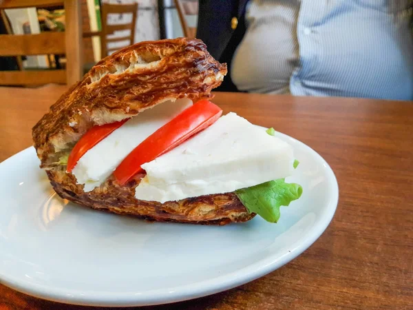 High Calorie Food. Soda Bread Tomato and Cheese Sandwich with Belly Fat Man.