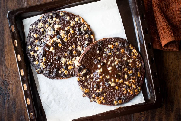 Chocolate Pizza with White Chocolate Balls in Baking Tray