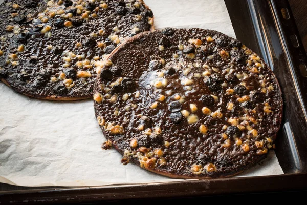 Chocolate Pizza with White Chocolate Balls in Baking Tray