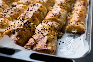 Türk börek tepsisini pişirme içinde susam ile / Burek