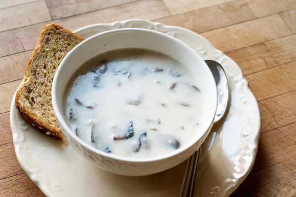Домашний кремовый грибной суп с хлебом . — стоковое фото