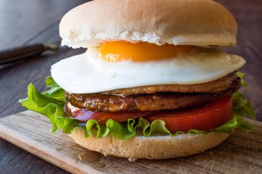 Yumurta, marul ve domates ile çift ev yapımı Hamburger.
