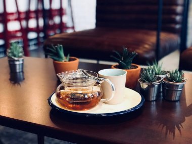 Cam demlik çiçekli kaktüs Cafe Shop Bergamot çayı