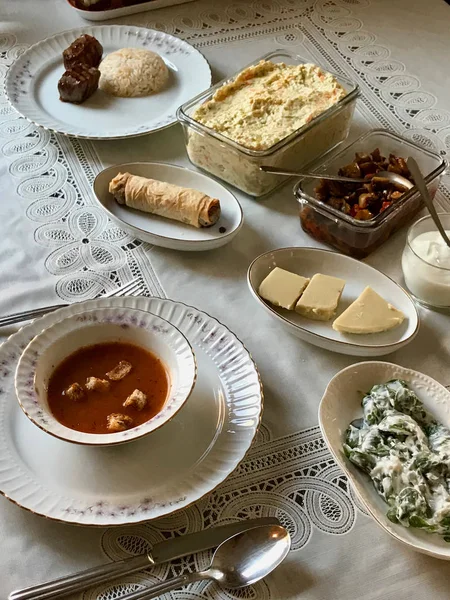 Homemade Turkish Food Tarhana Soup, Borek, Favai Meat and Rice Pilav or Pilaf — Stock Photo, Image