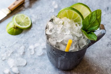 Moskova katır kokteyl limon, nane yaprakları ve Metal fincan kırılmış buz ile