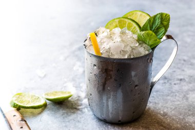 Moskova katır kokteyl limon, nane yaprakları ve Metal fincan kırılmış buz ile