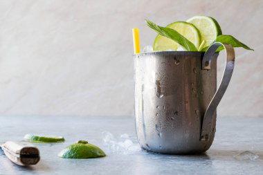 Moskova katır kokteyl limon, nane yaprakları ve Metal fincan kırılmış buz ile