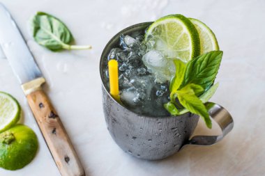Moskova katır kokteyl limon, nane yaprakları ve Metal fincan kırılmış buz ile