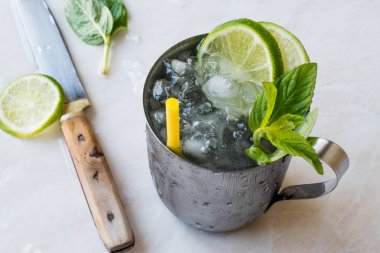 Moskova katır kokteyl limon, nane yaprakları ve Metal fincan kırılmış buz ile