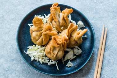 Nepal Geleneksel Kızarmış Börek Momo 'ları Domates Chutney, Schezwan sosu ve lahana salatasıyla servis edilir. Organik Gıda.