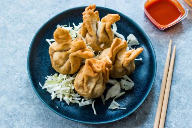 Nepal Geleneksel Kızarmış Börek Momo 'ları Domates Chutney, Schezwan sosu ve lahana salatasıyla servis edilir. Organik Gıda.