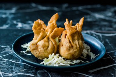 Nepal Geleneksel Kızarmış Börek Momo 'ları Domates Chutney, Schezwan sosu ve lahana salatasıyla servis edilir. Organik Gıda.