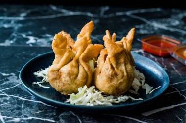 Nepal Geleneksel Kızarmış Börek Momo 'ları Domates Chutney, Schezwan sosu ve lahana salatasıyla servis edilir. Organik Gıda.