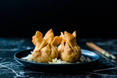 Nepal Geleneksel Kızarmış Börek Momo 'ları Domates Chutney, Schezwan sosu ve lahana salatasıyla servis edilir. Organik Gıda.