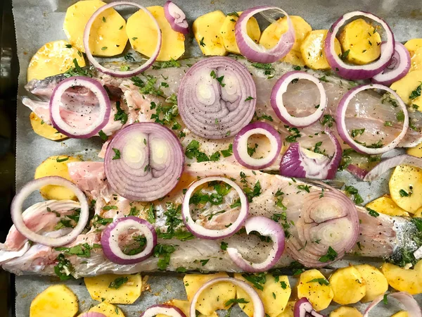 Raw Sea Bass Fish Fillet with Red Onions, Potatoes and Rosemary in Baking Tray with Paper at Oven Ready to Cook. Organic Food. — Stock Photo, Image