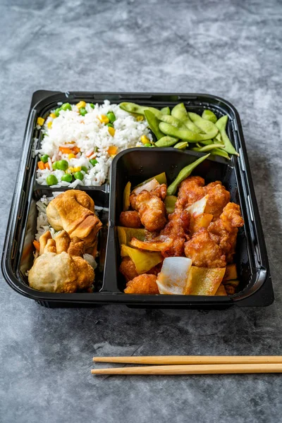 Take Away Japanese Food Bento Box Menu Set with Chicken, Fried Dumplings, Edamame and Rice with Vegetables in Plastic Box Package / Container. Traditional Healthy Fast Food.