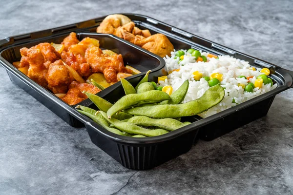 Take Away Japanese Food Bento Box Menu Set with Chicken, Fried Dumplings, Edamame and Rice with Vegetables in Plastic Box Package / Container. Traditional Healthy Fast Food.
