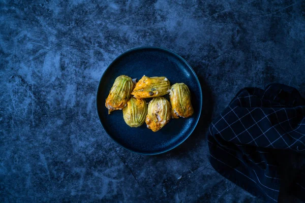Zucchini Flowers Dolma Stuffed with Rice Pilaf / Turkish Food in Plate. Traditional Organic Food. — Stock Photo, Image