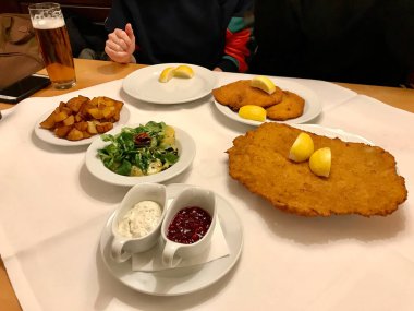 Sosis şnitzel, domuz pirzolası, Avusturya mutfağı. Restoran Masasında Soğuk Patates ve Rucola Salatası ile servis edilmiş. Geleneksel Yemek.
