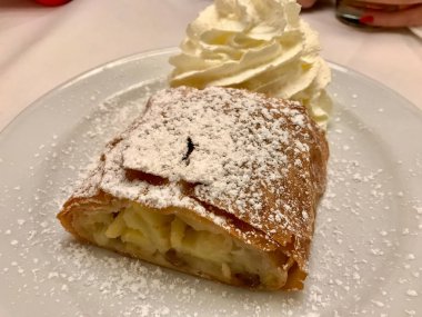 Orijinal Geleneksel Apple Strudel, Viyana, Avusturya 'da Apfelstrudel. Restoran ortamında beyaz bir tabakta servis edilmiş. Vanilyalı dondurma, pudra şekeri ve nane yaprağı. Yemeye hazır..