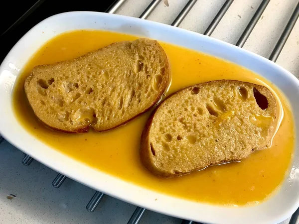 Homemade Cooking Preparing French Toast Breads Egg Yolk Ready Fry — Stock Photo, Image