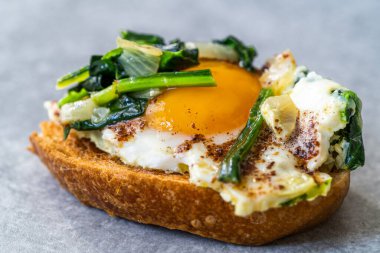 Kızarmış yumurtalı ıspanak ve kızarmış ekmek dilimi. Sağlıklı Organik Gıda.