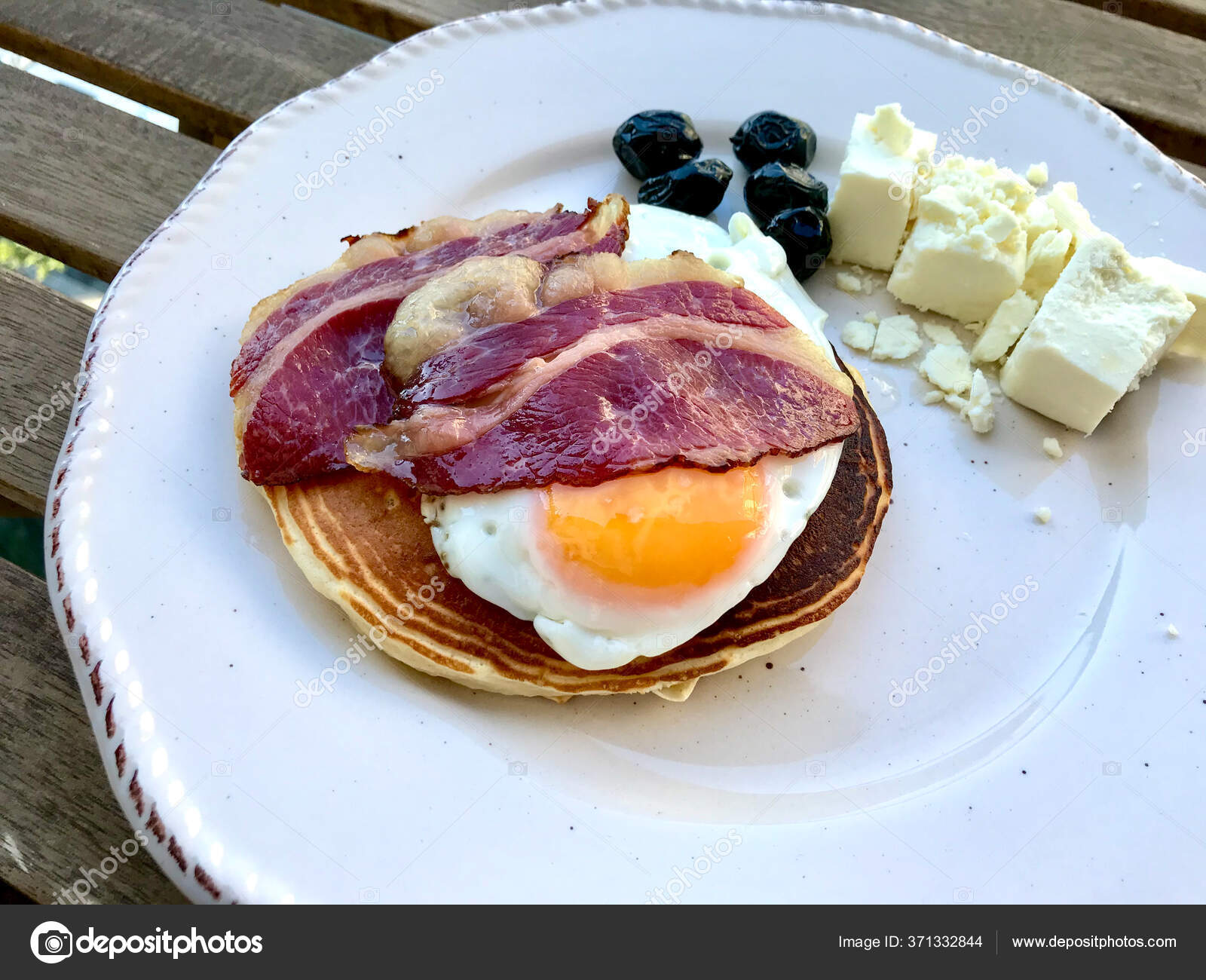 Pancake Fried Egg Crispy Bacon Cheese Olives Breakfast Plate Ready