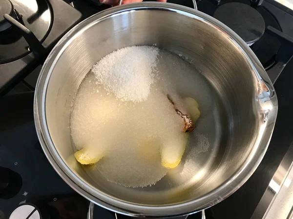 Making Sherbet Cinnamon Stick Lemon Peel Water Pot Pasteis Nata — Stock Photo, Image
