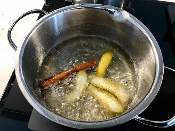 Making Sherbet Cinnamon Stick Lemon Peel Water Pot Pasteis Nata — Stock Photo, Image