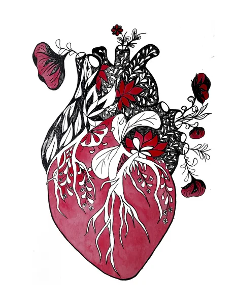 Grafik illüstrasyon kırmızı kalp ve çiçek — Stok fotoğraf