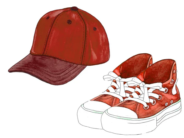 Gorra y zapatillas de béisbol dibujadas a mano — Foto de Stock