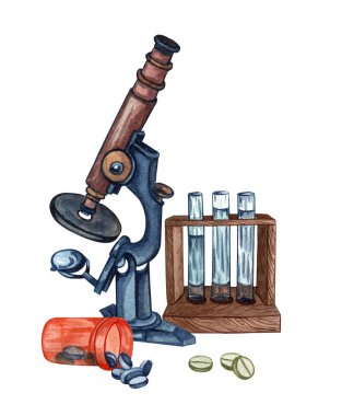 Suluboya mikroskop, test tüpleri, haplar, elle çizilmiş resimler. Retro vintage mikroskop. Beyaz arka planda tıbbi koleksiyon