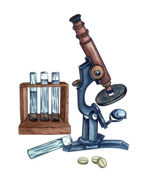 Suluboya mikroskop, test tüpleri, haplar, elle çizilmiş resimler. Retro vintage mikroskop. 