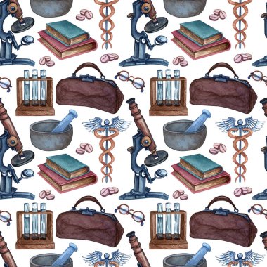 Mikroskop, haplar, kitaplar, test tüpleri olan kusursuz tıbbi desenler. Tıbbi veya bilimsel malzemelerle suluboya el çizimi desen.