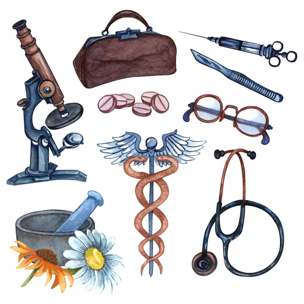 Az orvosi ellátás elemeinek évelő gyűjteménye. Akvarell készlet orvosi vagy gyógyszertári berendezések, gyógyszerek, tabletták, injekció, sztetoszkóp, mikroszkóp. — Stock Fotó