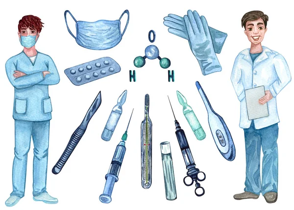 Медицинский набор со шприцем для инъекций, таблетки, вакцина и симпатичные врачи мужского пола. Иллюстрация акварелью с медицинскими принадлежностями . — стоковое фото