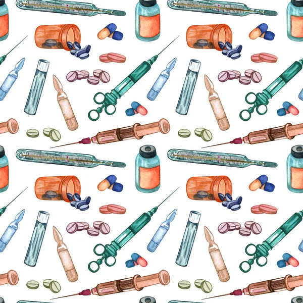 Medical seamless pattern with syringe for injection, pills, vaccine. Watercolor hand drawn pattern with medical supplies.