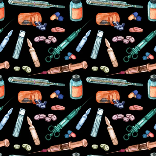 Medical seamless pattern with syringe for injection, pills, vaccine. Watercolor hand drawn pattern with medical supplies.