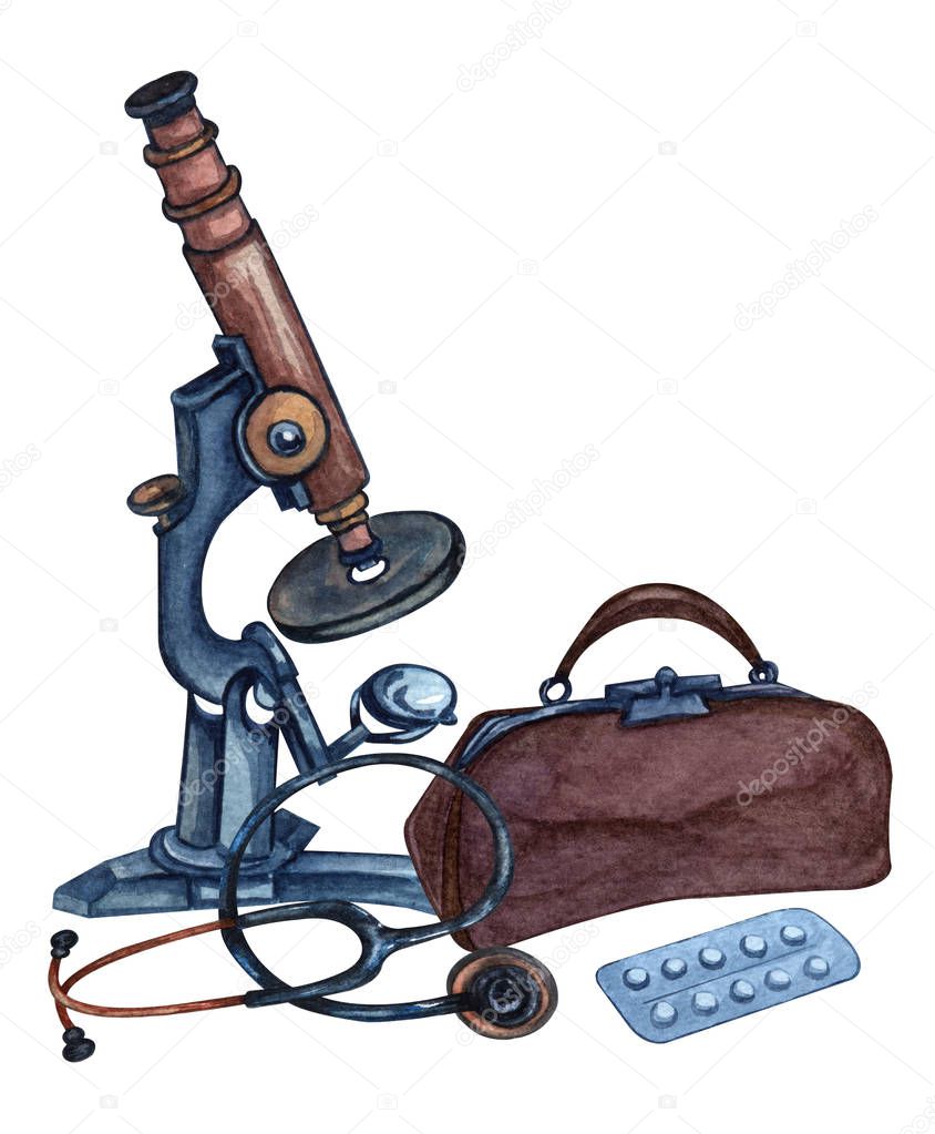 Watercolor microscope, pills, stethoscope, doctors bag  hand drawn illustration. Retro vintage microscope. 