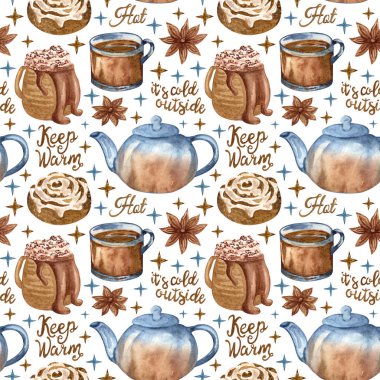 Hand painted watercolor seamless texture with hot chocolate, cinnamon bun, teapot, cup of tea, stars. Perfect for wallpaper, print, packaging design. Merry Christmas and Happy New Year set. clipart