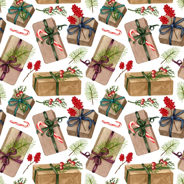 Watercolor seamless pattern with Christmas gift boxes. Hand painted presents in crafting paper with bow isolated on white background. Holiday illustration for design, print, fabric or background — Stock Photo, Image