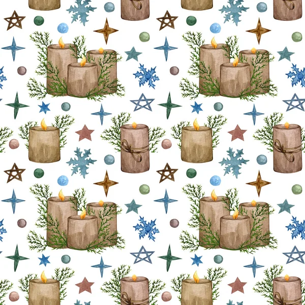 Aquarel Kerst naadloos patroon met kaarsen, dennenboom, sterren, sneeuwklokjes. Handgetekende kerstachtergrond voor weefsels, inpakpapier en -kaarten. — Stockfoto